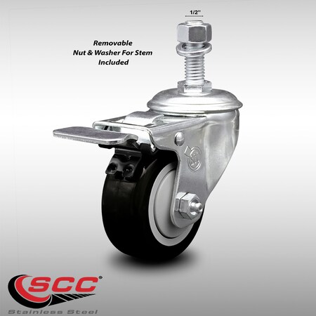 Service Caster 3.5 Inch SS Black Polyurethane 1/2 Inch Threaded Stem Caster with Total Lock Brake SCC-SSTSTTL20S3514-PPUB-BLK-121315